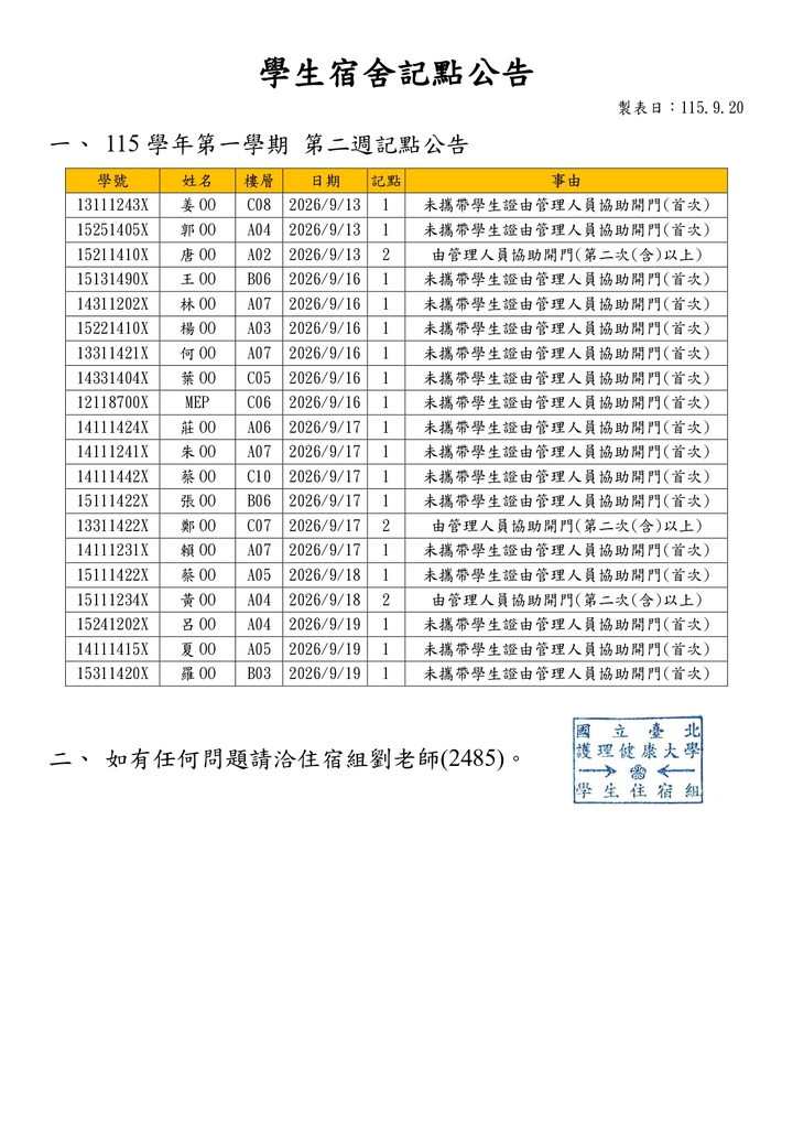 1151學生宿舍記點公告-第二週圖片