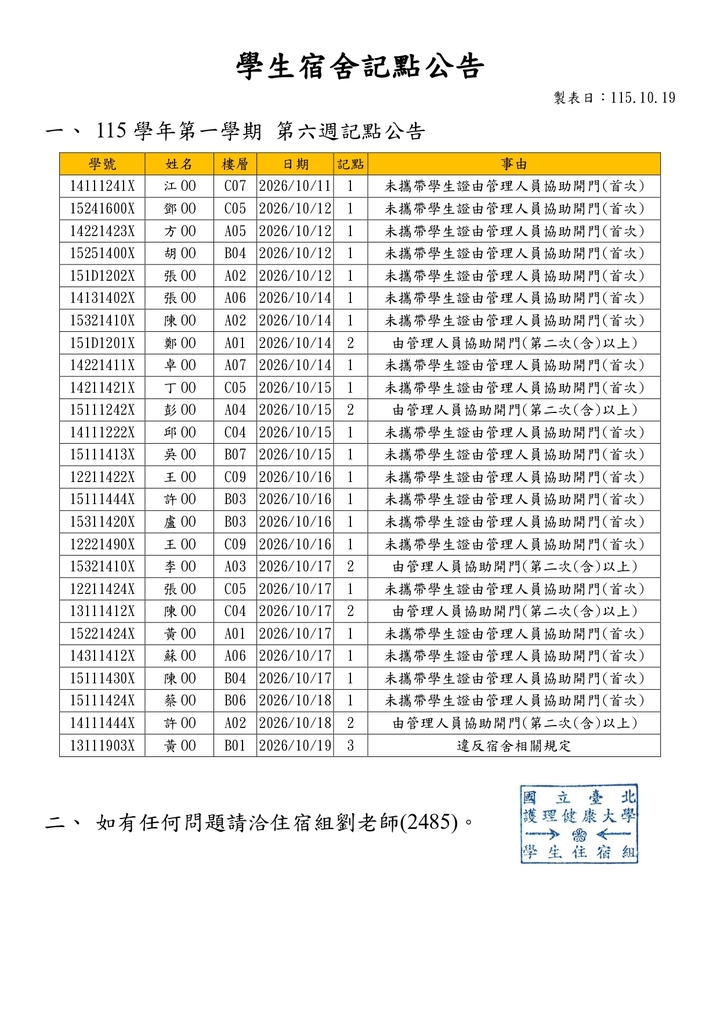 1151學生宿舍記點公告-第六週圖片