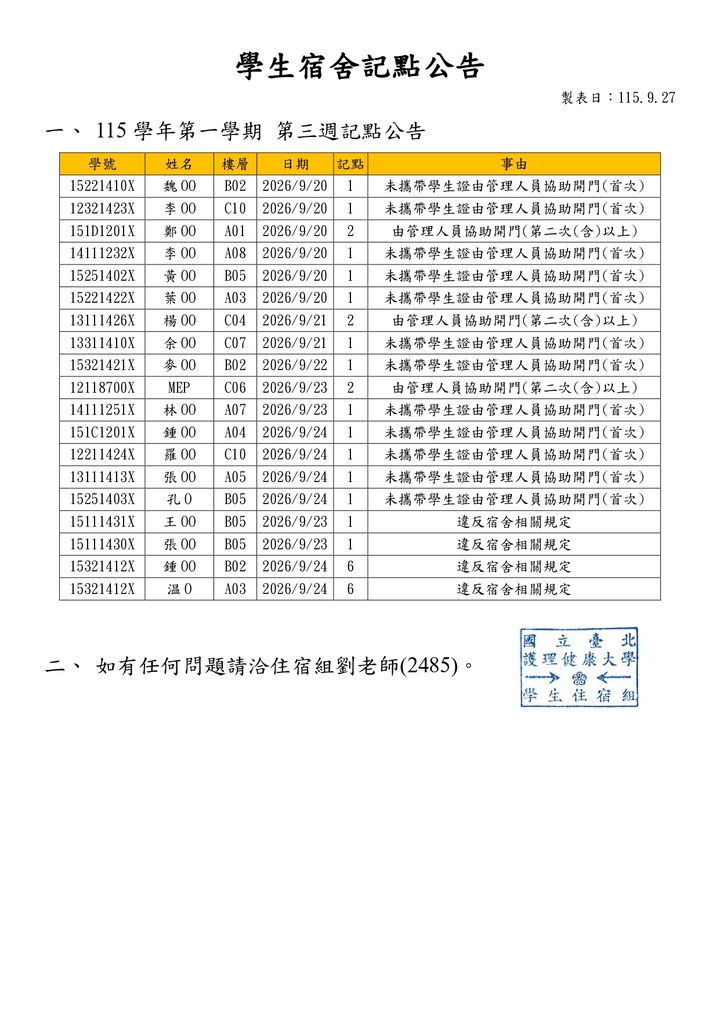 1151學生宿舍記點公告-第三週圖片