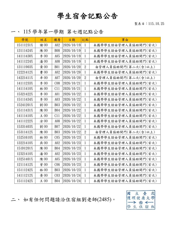 1151學生宿舍記點公告-第七週圖片